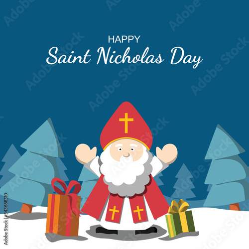 Happy Saint Nicholas Day background. Design with cartoon character.