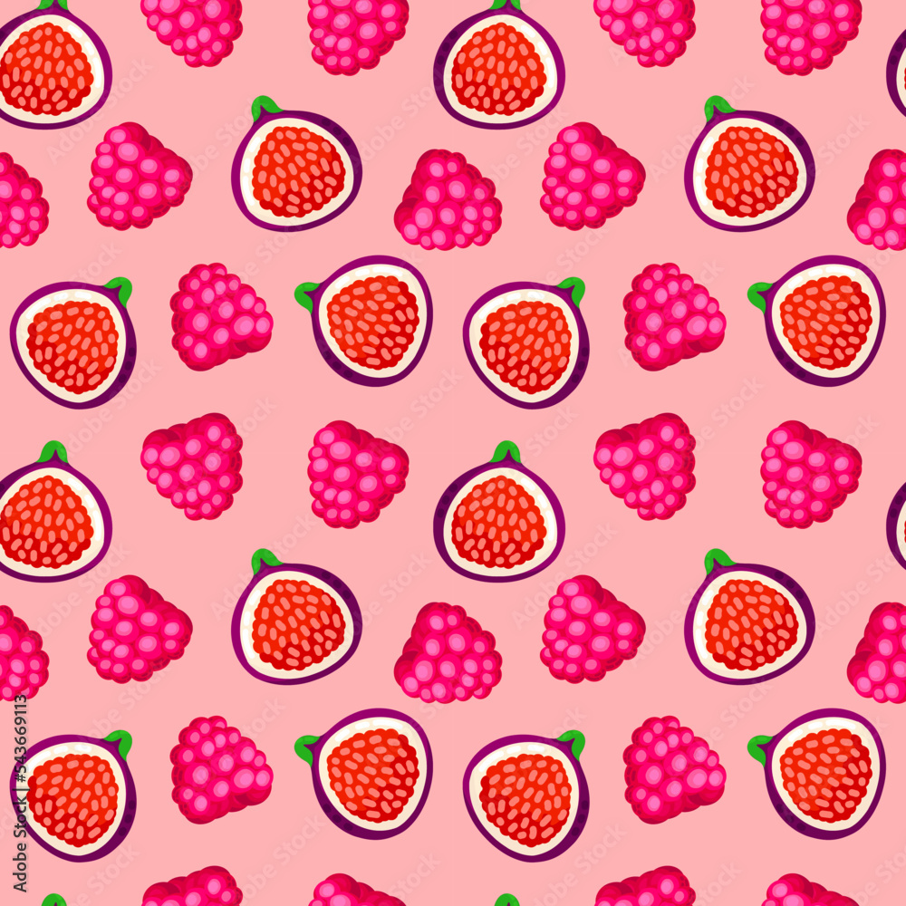 Colorful cartoon raspberry and figs fruit seamless pattern isolated on white background. Doodle simple vector juicy food. Juice packaging design. Summer fabric print template. Colorful cartoon raspberry and figs fruit seamless pattern isolated on white background. Doodle simple vector juicy food. Juice packaging design. Summer fabric print template.