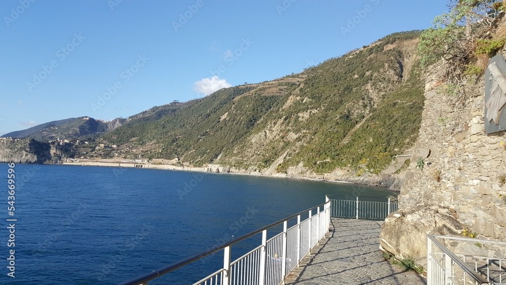 Cinque Terre, Italy. Mountain and blue sea and sky.