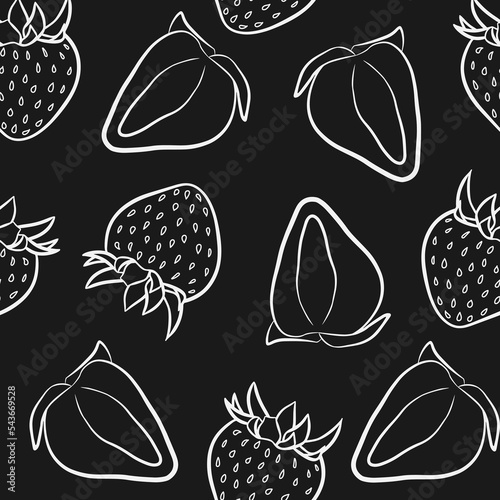 Simple strawberry seamless pattern isolated on black background. Doodle vector fabric print template with outline berries drawing. Hand drawn juicy fruit package design.