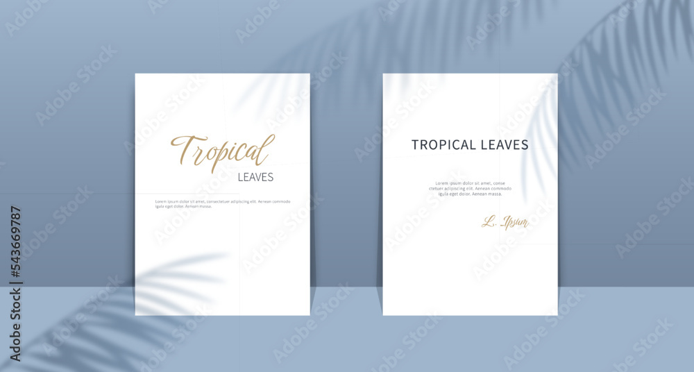 Plant shadow mockup, tropical leaf, card template. Overlay exotic leaves flyer, light summer realistic decor blur elements, a4 posters and prints. Floral backdrop. Vector background set