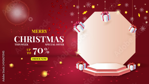 Christmas sale background, 3d podium and gift boxes. Red xmas and new year products, platform in lights, display for presentation, hexagon showcase. Vector decoration sale banner