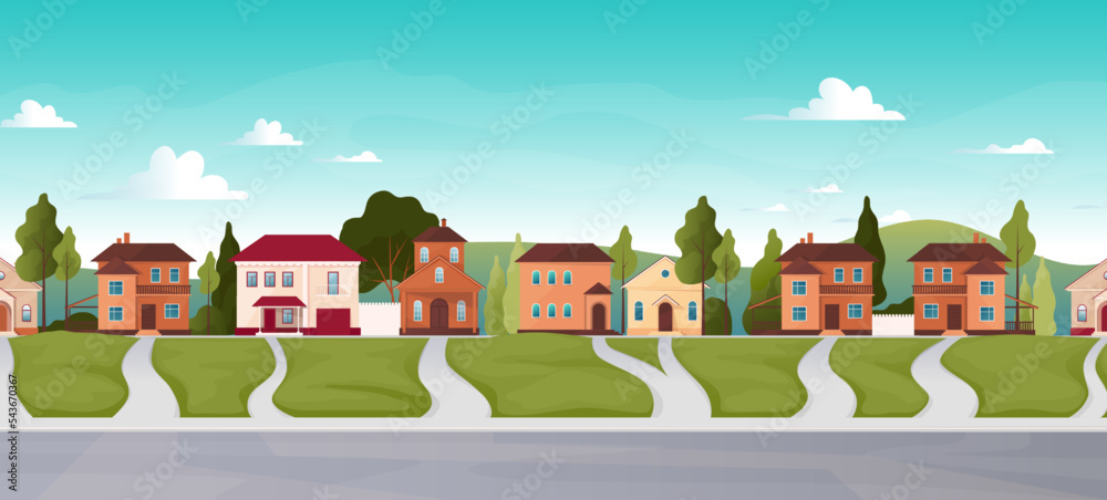 Neighborhood street. Suburb house landscape. City homes road. Suburban town garden. Residential building. Real estate. District panorama. Village mansion. Vector cartoon background