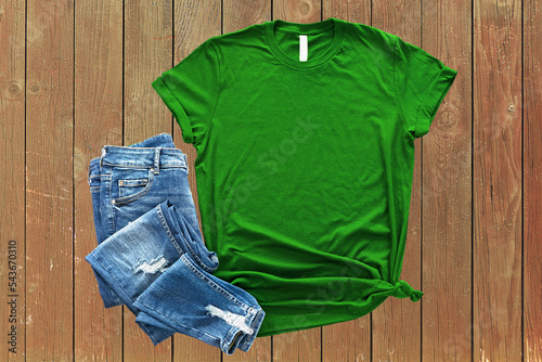 Green shirt mockup Blank Shirt Template Photo with Fall accessories and wooden background shirts mockups	
