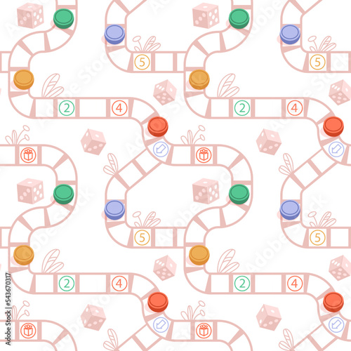 Table game piece pattern. Tabletop dice and chips. Gaming path. Fun graphic figures. Leisure pawn art for toy shop. Hobby store. Playing way running cells. Vector seamless background