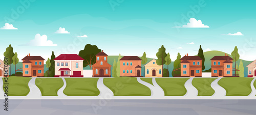 Neighborhood street. Suburb house landscape. City homes road. Suburban town garden. Residential building. Real estate. District panorama. Village mansion. Vector cartoon background