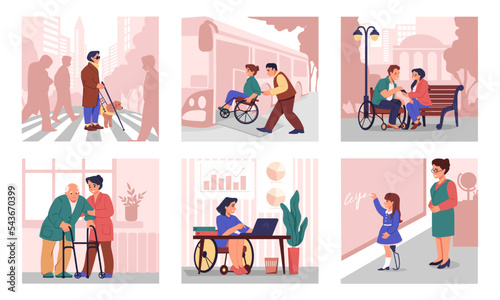 Inclusive person in wheelchair. Handicapped people. Volunteer school. Social work. Injured kids. Blind woman with guide-dog. Senior man care. Vector illustration disabled characters set