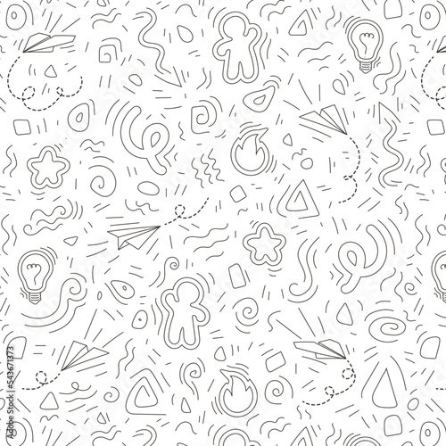 Scattered Geometric Line Shapes. Hand drawn Doodle elements. Abstract Background Design. Vector Black and White Pattern. © Julia