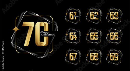 gold happy anniversary logotype set. 61, 62, 63, 64, 65, 66, 67, 68, 69, 70 photo