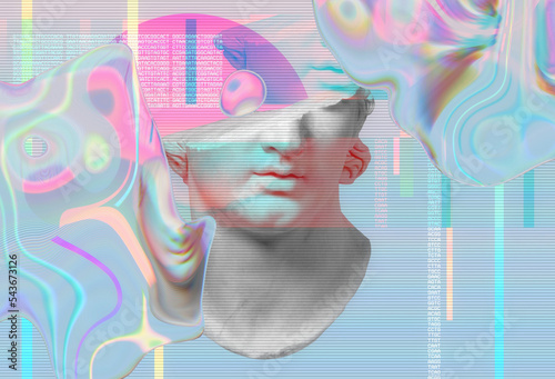 3D portrait of an antique sculpture with a glitch effect. Cyberpunk style. Conceptual disease of artificial intelligence. Virtual reality. Deep learning and suspicion systems.