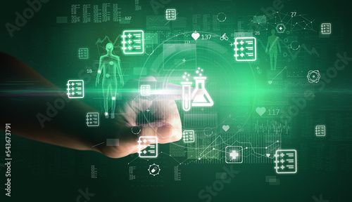 Doctor hand pressing futuristic health device with medical symbol on screen
