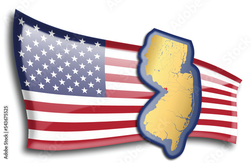 U.S. states - map of New Jersey against an American flag. Rivers and lakes are shown on the map. American Flag and State Map can be used separately and easily editable.
