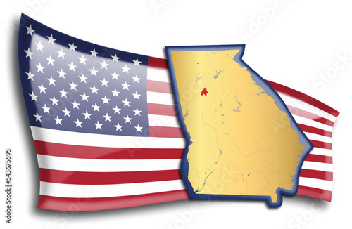 U.S. states - map of Georgia against an American flag. Rivers and lakes are shown on the map. American Flag and State Map can be used separately and easily editable.