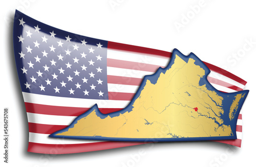 U.S. states - map of Virginia against an American flag. Rivers and lakes are shown on the map. American Flag and State Map can be used separately and easily editable.