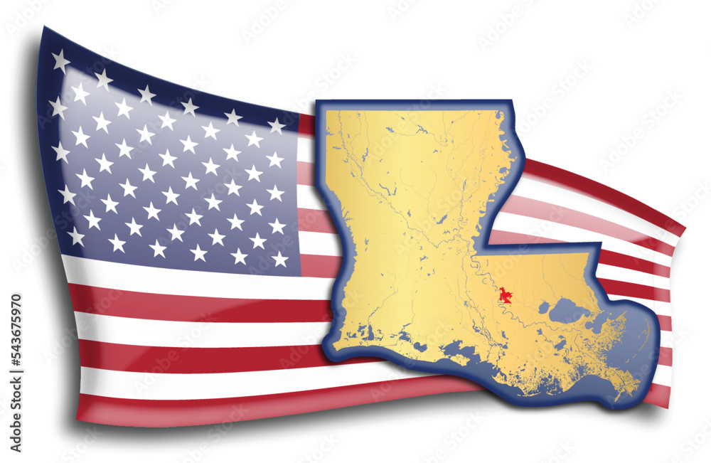 U.S. states map of Louisiana against an American flag. Rivers and