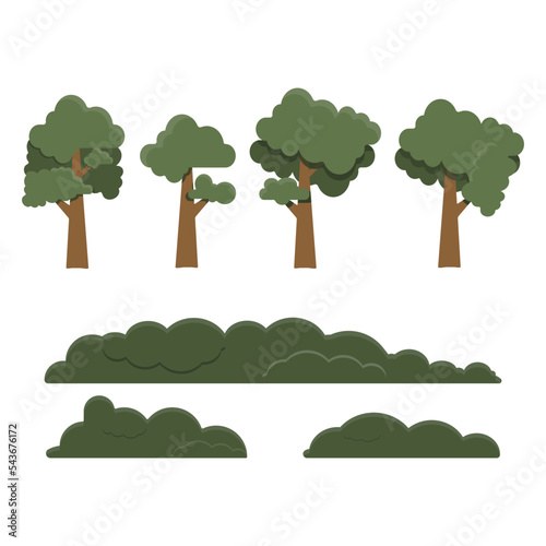 collection of bushes and trees  in flat style, vector illustration. Side view
