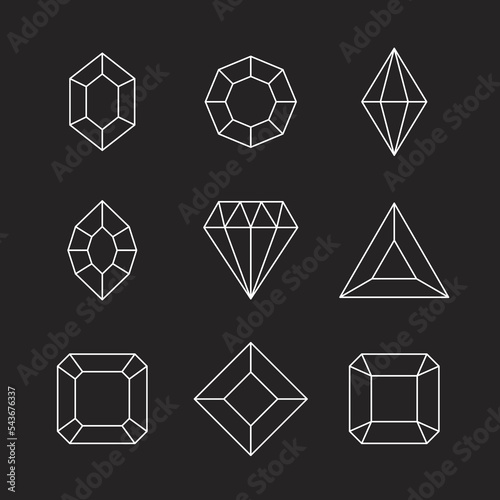 Gems and jewels set. Precious stones and diamonds collection, Game loot UI line icons, vector illustration