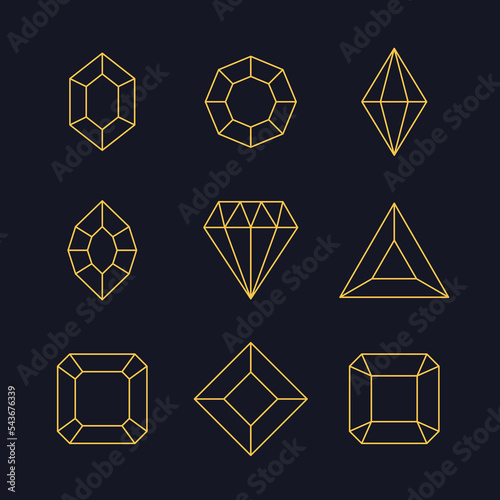 Gems and jewels set. Precious stones and diamonds collection, Game loot UI line icons, vector illustration