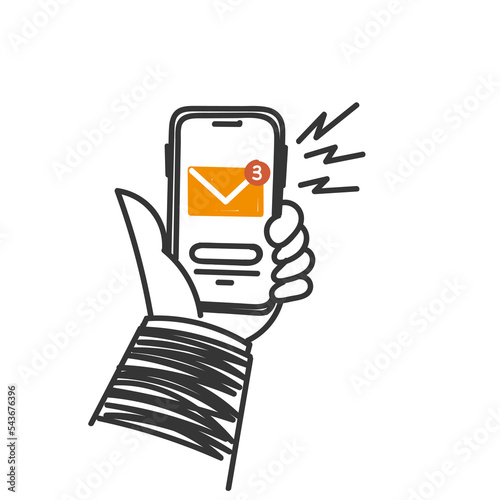 hand drawn doodle hand holding smartphone with envelope notification new massage