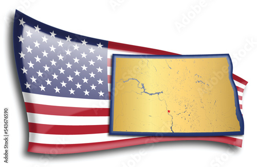 U.S. states - map of North Dakota against an American flag. Rivers and lakes are shown on the map. American Flag and State Map can be used separately and easily editable.