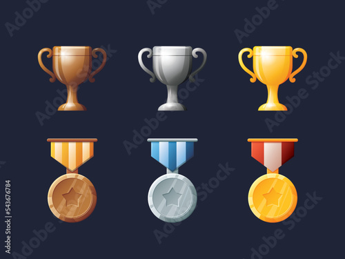 Game UI assets set. Gaming user interface victory trophy icons collection. vector illustration