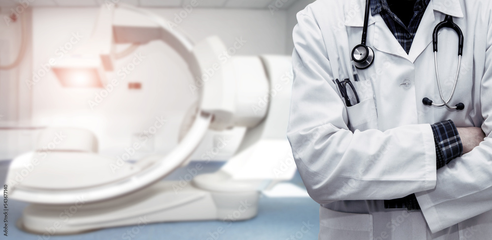 Abstract image of doctor in a white coat with a statostcope on the background of an angiograph in a modern hospital for heart surgery. Panorama.