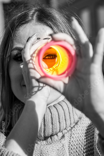 Obraz na płótnie Abstract image of a girl on a black and white background with color of vision (vision restoration, optimism, ending depression - concept) w salonie