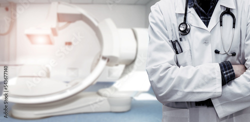 Obraz na płótnie Abstract image of doctor in a white coat with a statostcope on the background of an angiograph in a modern hospital for heart surgery. Panorama. w salonie