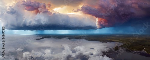Beautiful storm cloud system over landscape, dramatic cloudscape with dark sky, Cumulonimbus. Mother nature, weather system, stormy day with dramatic lighting effects and beautiful scenery. Render 
