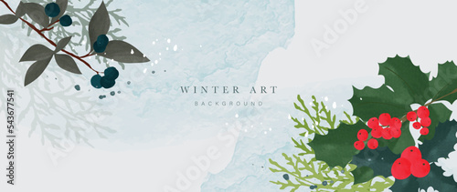 Watercolor winter botanical leaves background vector illustration. Elements of hand drawn winter leaf branches, snow. Design suitable for print, banner, poster, wallpaper, decoration, cover, card.