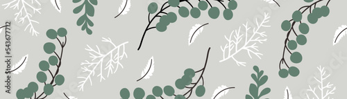 Winter botanical leaves seamless pattern background. Vector illustration element of winter pine leaf branches, berries, feathers. Design for textile, print, banner, poster, wallpaper, decoration.