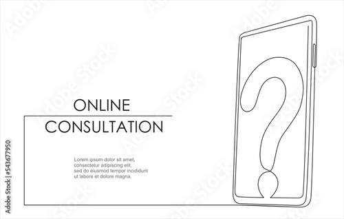 continuous one single line  of smartphone with Question mark on screen. Online consultation concept.