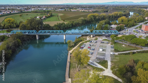 Obraz na plátně Victory bridge aerial view over the Piave river