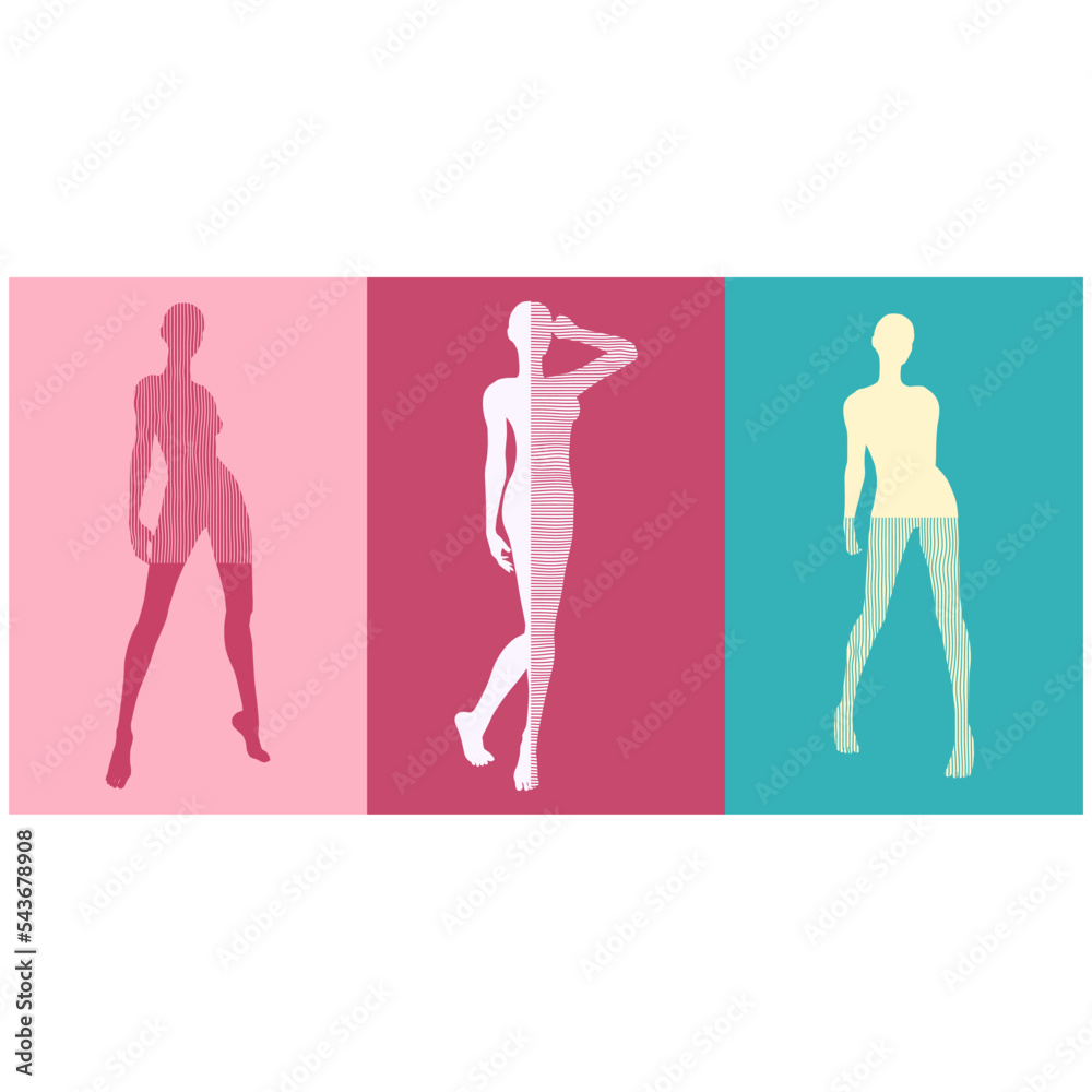 Beautiful sexy fitness girls. Dancing women textured by lines pattern. Sliced background Beautiful sexy fitness girls. Dancing women textured by lines pattern. Sliced background