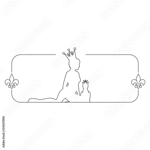 Outline illustration of woman sitting with cat. Young lady wearing crown. Thin line frame with heraldic lily for pet shop branding