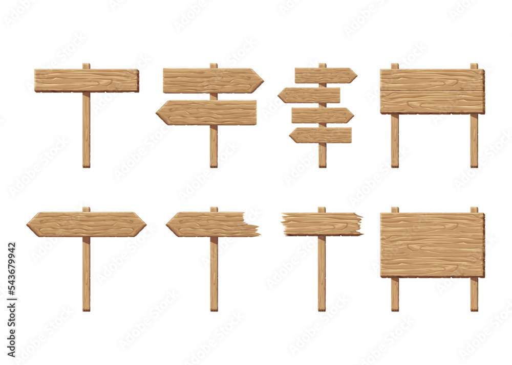 Wood signs set. Empty wooden signboards templates collection, vector illustration Wood signs set. Empty wooden signboards templates collection, vector illustration