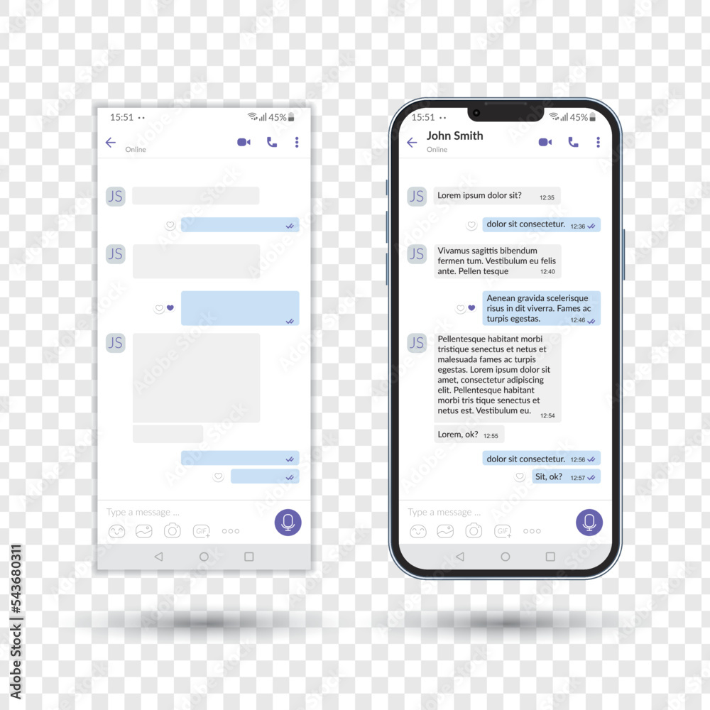 Messenger UI template, Social communication app mockup, chat application concept, vector illustration Messenger UI template, Social communication app mockup, chat application concept, vector illustration