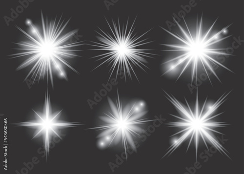 White light glow effect, light rays set. Radiant flash, lens flare, on dark background, vector illustration