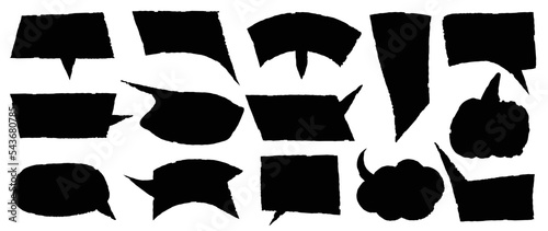 Set of black speech bubble vector on white background. Collection of dialog, talk, speech, think, cloud, speech balloon rough edge vector. Design suitable for comic text, sticker, banner, chat icon. 