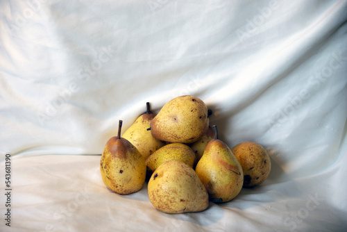 Pears on a white cloth background