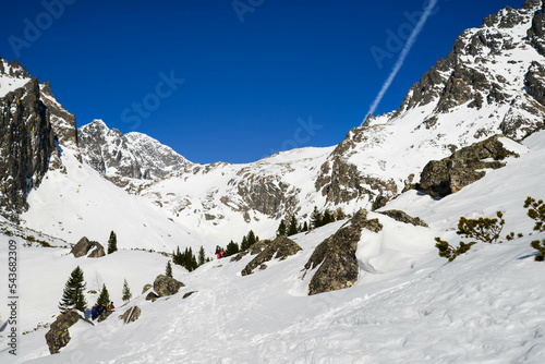 Nice scenery with big rocky mountains in Small Cold valley on hike in High Tatras, Slovakia.