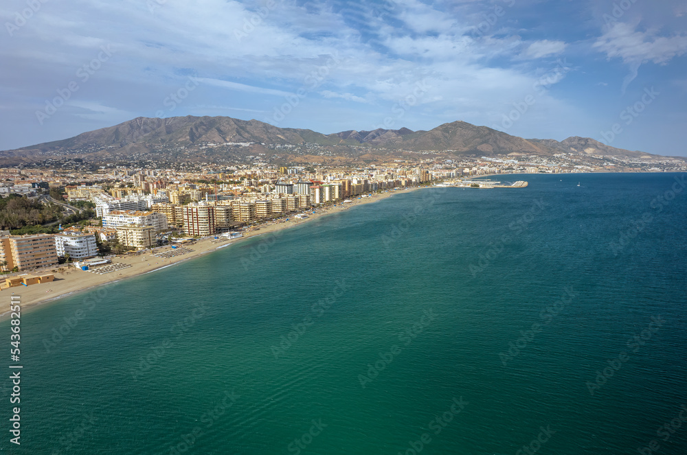 The drone aerial view of Fuengirola. Fuengirola is a large town and municipality on the Costa del Sol in the province of Málaga in the autonomous community of Andalucia in southern Spain.