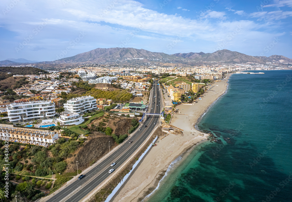 The drone aerial view of Fuengirola. Fuengirola is a large town and municipality on the Costa del Sol in the province of Málaga in the autonomous community of Andalucia in southern Spain.