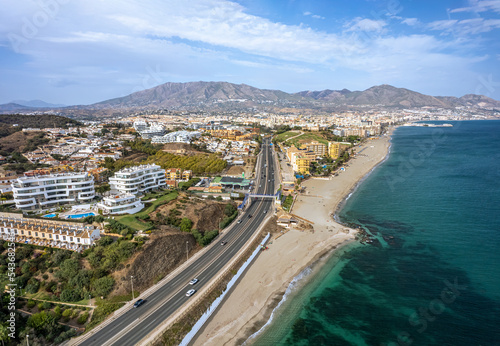 The drone aerial view of Fuengirola. Fuengirola is a large town and municipality on the Costa del Sol in the province of Málaga in the autonomous community of Andalucia in southern Spain. photo