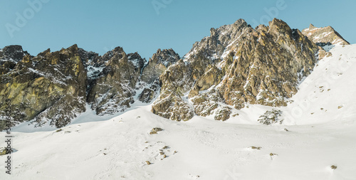 Nice scenery with big rocky mountains in Small Cold valley on hike in High Tatras, Slovakia.