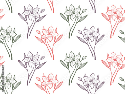 Daffodil or lily flowers vector seamless pattern textile print summer design.