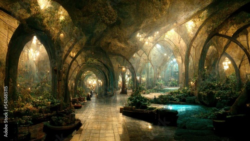 Architecture inside the cave, magical passages and gates, ancient fantasy landscape 