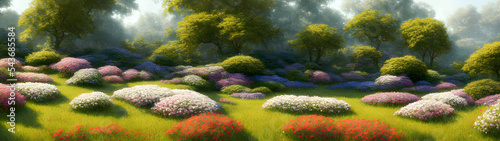 Artistic concept of painting a beautiful landscape of wild nature  with flowery meadows in the background. Tender and dreamy design  background illustration.