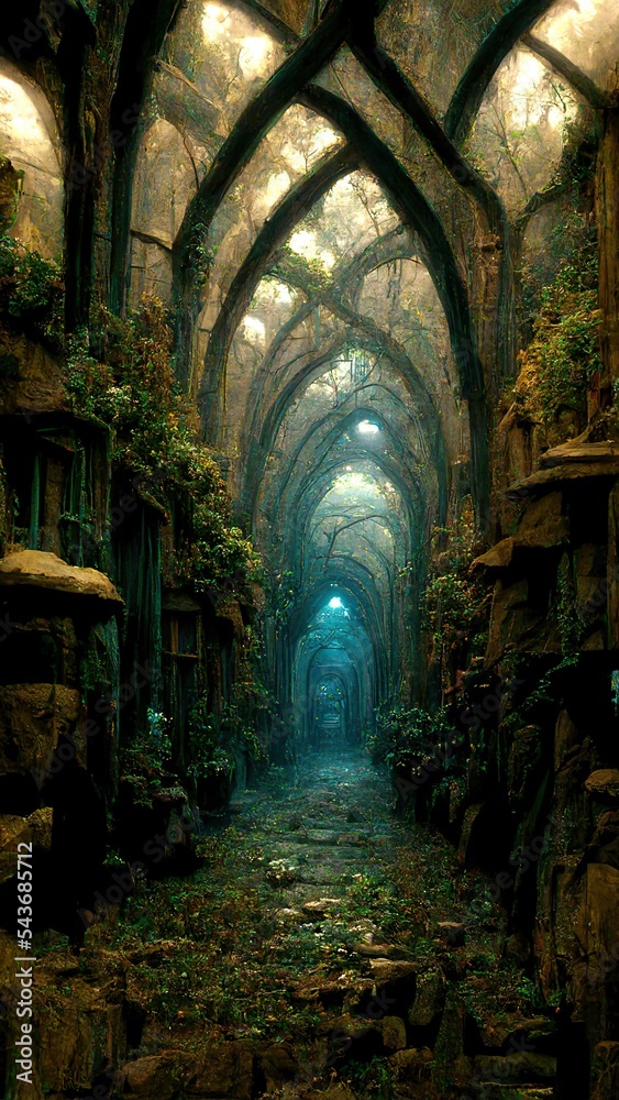 City inside the cave, magical passages and gates, ancient fantasy landscape 