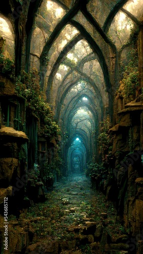 City inside the cave  magical passages and gates  ancient fantasy landscape 